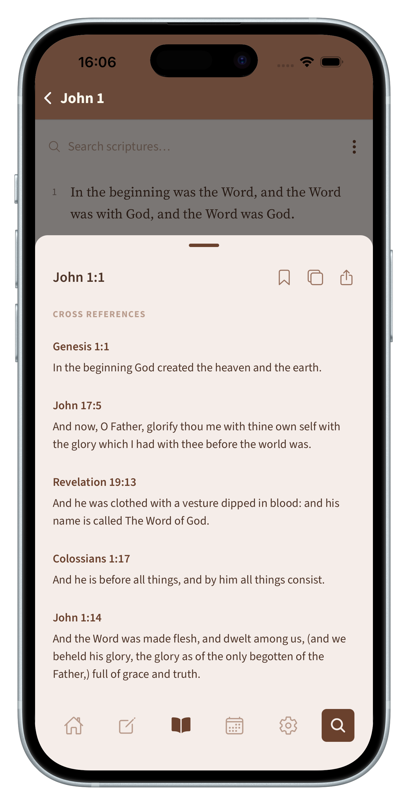 The Bible reader open to Psalm 24 with clear verse numbers, each one tappable for cross-references