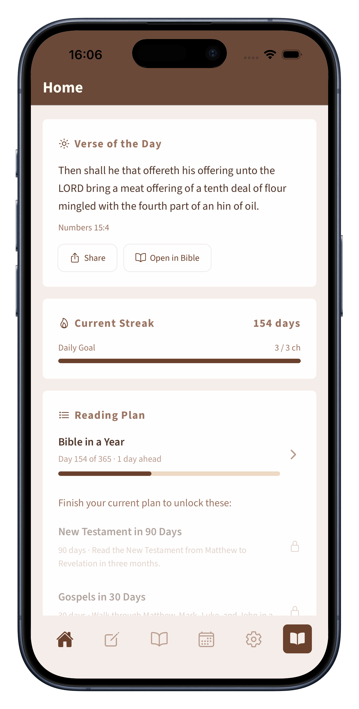 The home screen showing the Bible in a Year plan on day 154 of 365, one day ahead, above a reading streak