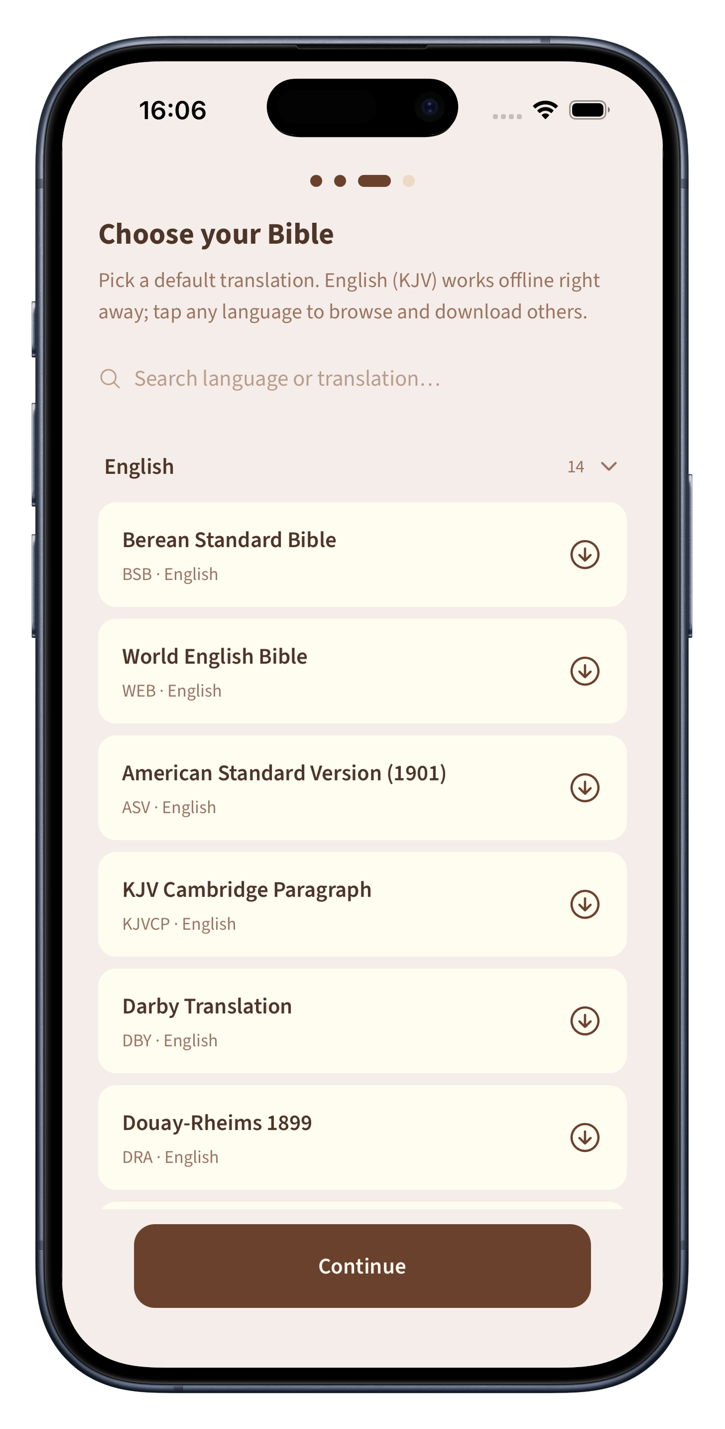 The translation picker with a growing library of English and other-language Bibles
