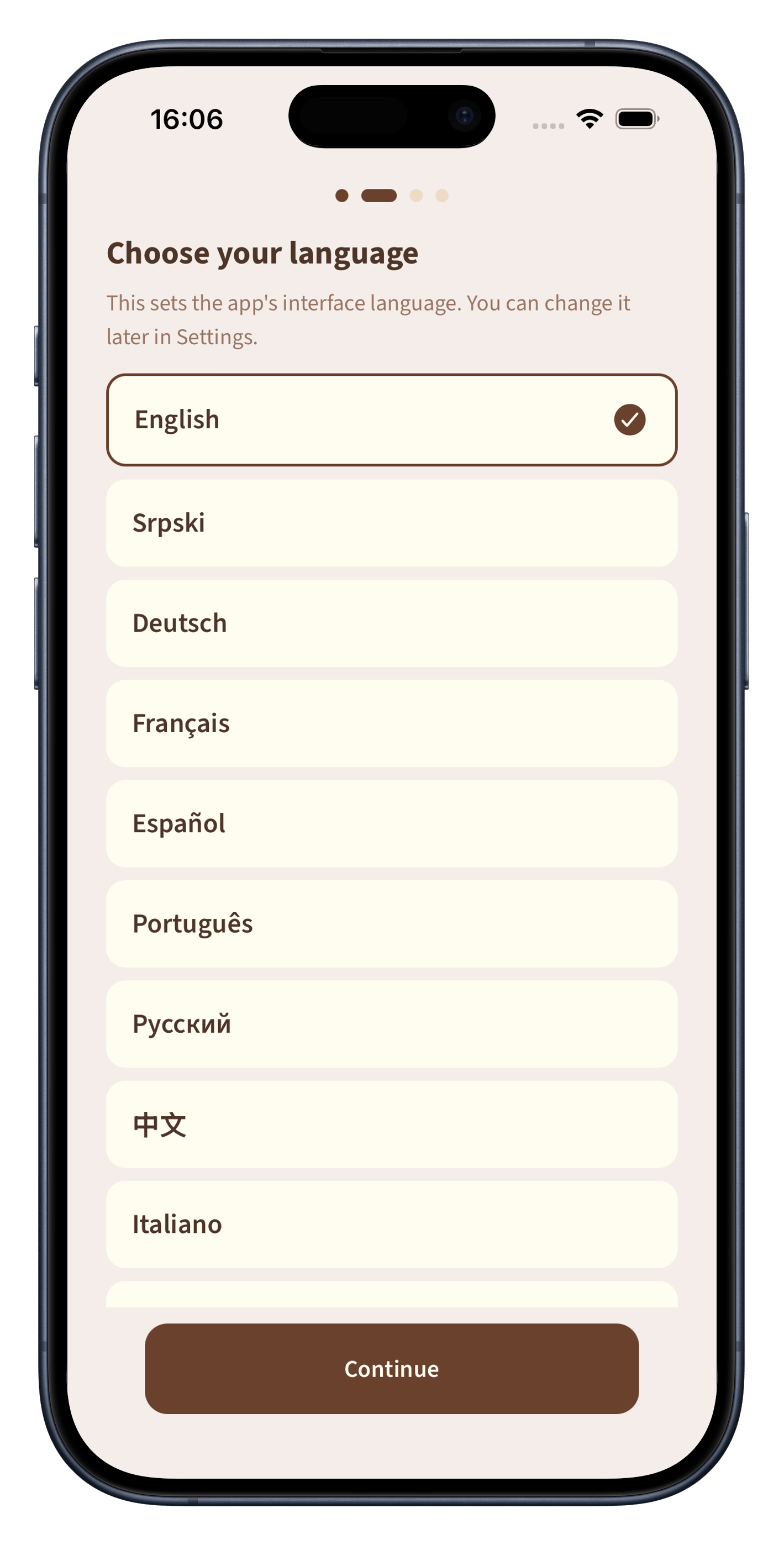 The language picker listing English, Srpski, Deutsch, Français, Español, Português, and more