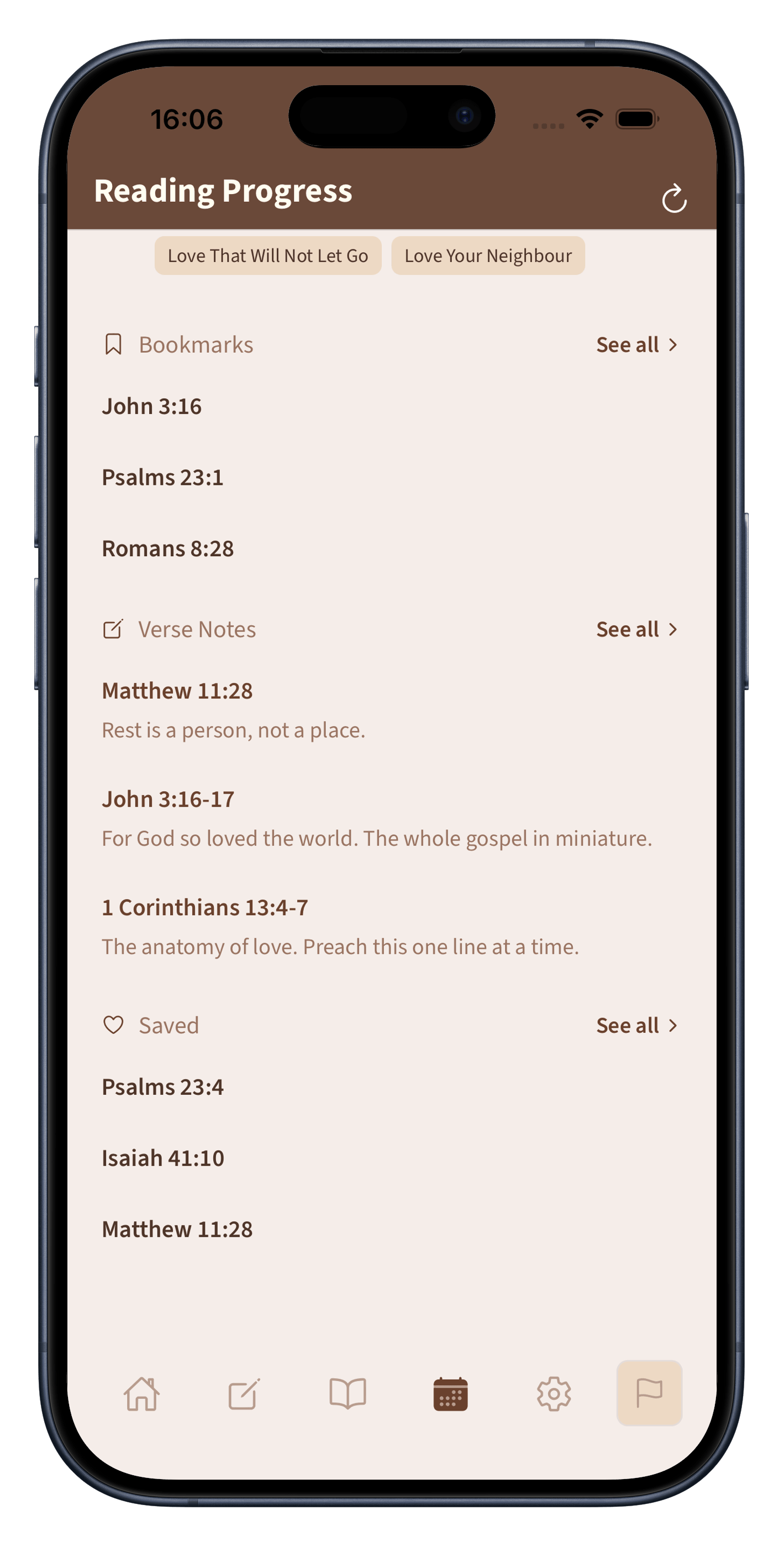 A screen listing bookmarks, verse notes, and saved verses, each grouped under its own heading