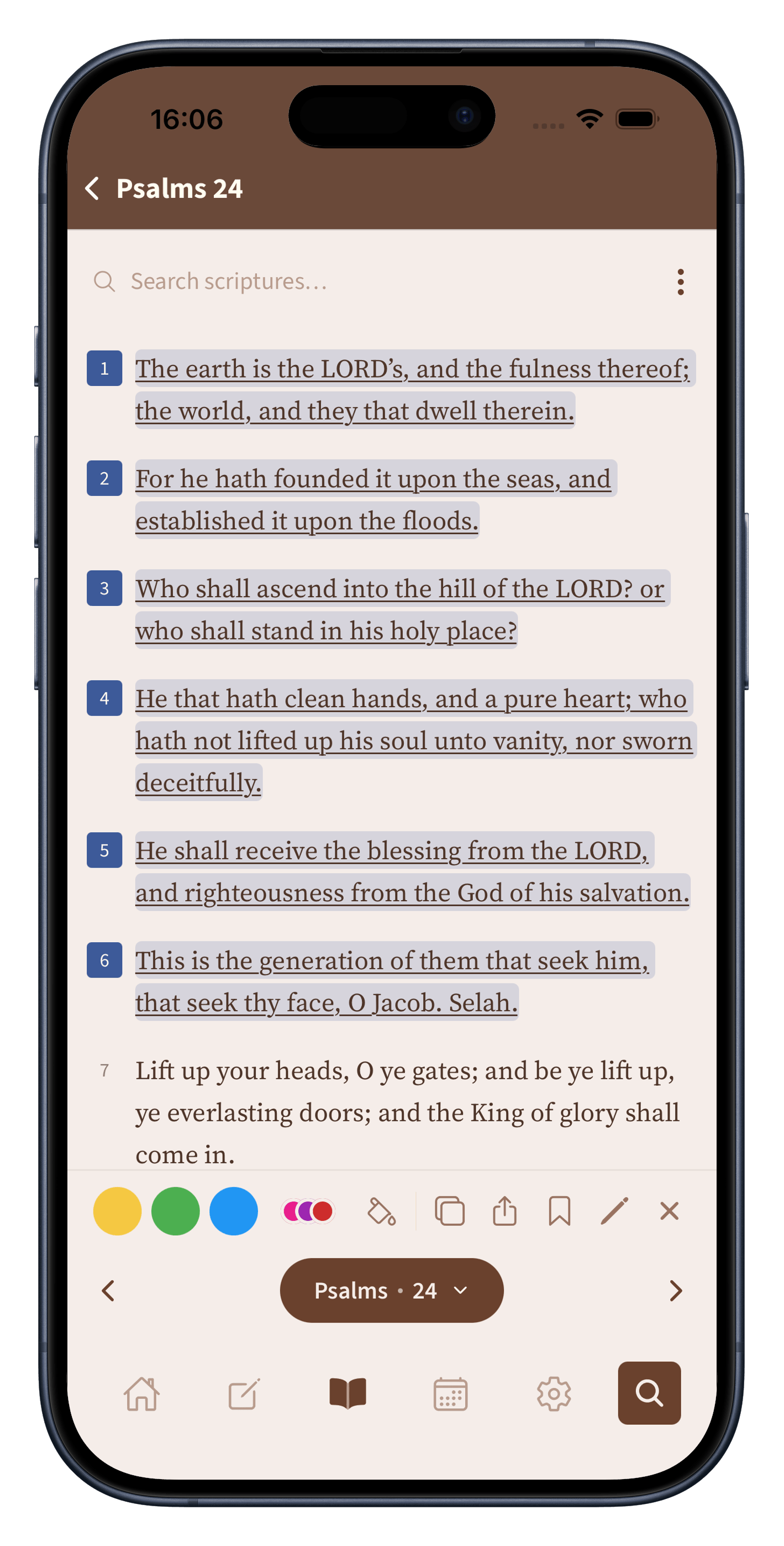 Several verses in Psalm 24 highlighted, with the highlight, note, and bookmark toolbar open