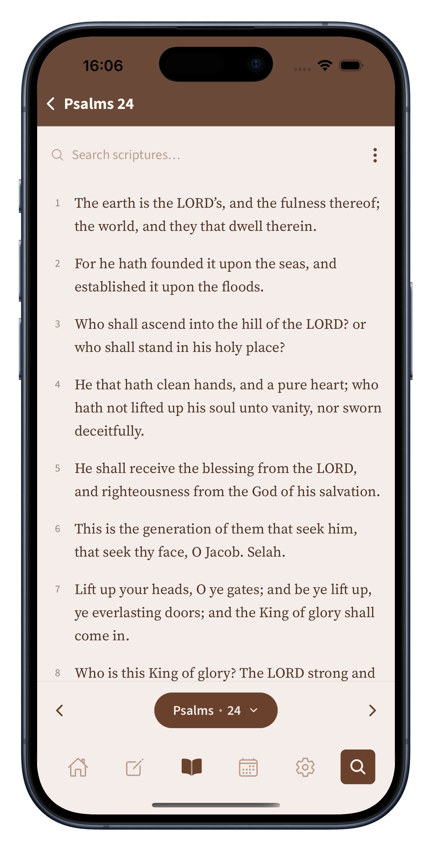Biblelexical reader screen with Psalms 24 book.